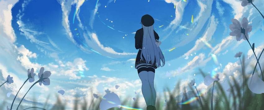 1girl 86_-eightysix- arms_at_sides black_hat black_jacket black_skirt blue_sky blurry blurry_foreground clouds cloudy_sky facing_ahead feet_out_of_frame flower from_behind grass hat highres jacket long_hair miniskirt outdoors pantyhose peaked_cap qian_chen skirt sky solo straight_hair thigh_strap vladilena_millize white_flower white_hair white_pantyhose wide_shot