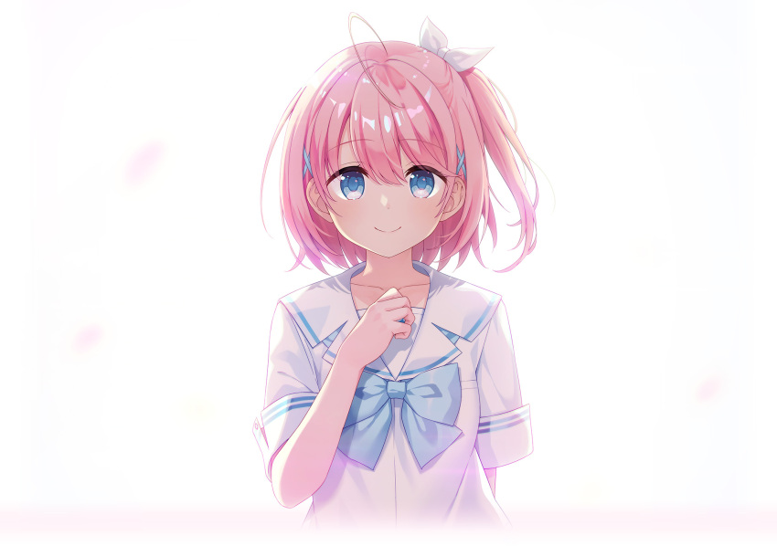 1girl artist_request blue_eyes blurry blurry_foreground bow bowtie character_request copyright_request hair_ornament hairclip highres looking_at_viewer official_art petals pink_hair sailor_collar school_uniform serafuku short_hair short_sleeves solo upper_body white_background