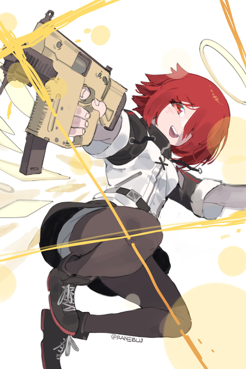 1girl arknights black_footwear black_pantyhose black_skirt boots breasts detached_wings exusiai_(arknights) firing gun hair_over_one_eye halo highres holding holding_gun holding_weapon jacket kriss_vector looking_at_viewer open_mouth orange_eyes pantyhose raneblu redhead short_hair short_sleeves shorts skirt small_breasts smile solo submachine_gun twitter_username weapon white_background white_jacket white_shorts wings