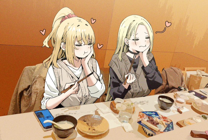 2girls bag black_choker black_sweater blonde_hair bowl breasts brown_vest cellphone chewing choker chopsticks closed_eyes earrings eating food hair_behind_ear heart high_ponytail highres holding holding_chopsticks jacket jewelry joshi_kousei_rich_thots large_breasts long_hair multiple_girls original parted_bangs phone placemat plate red_scrunchie rena_(sky-freedom) scrunchie shopping_bag sitting sky-freedom sleeves_rolled_up smartphone spoon sweater table vest white_sweater yui_(sky-freedom)