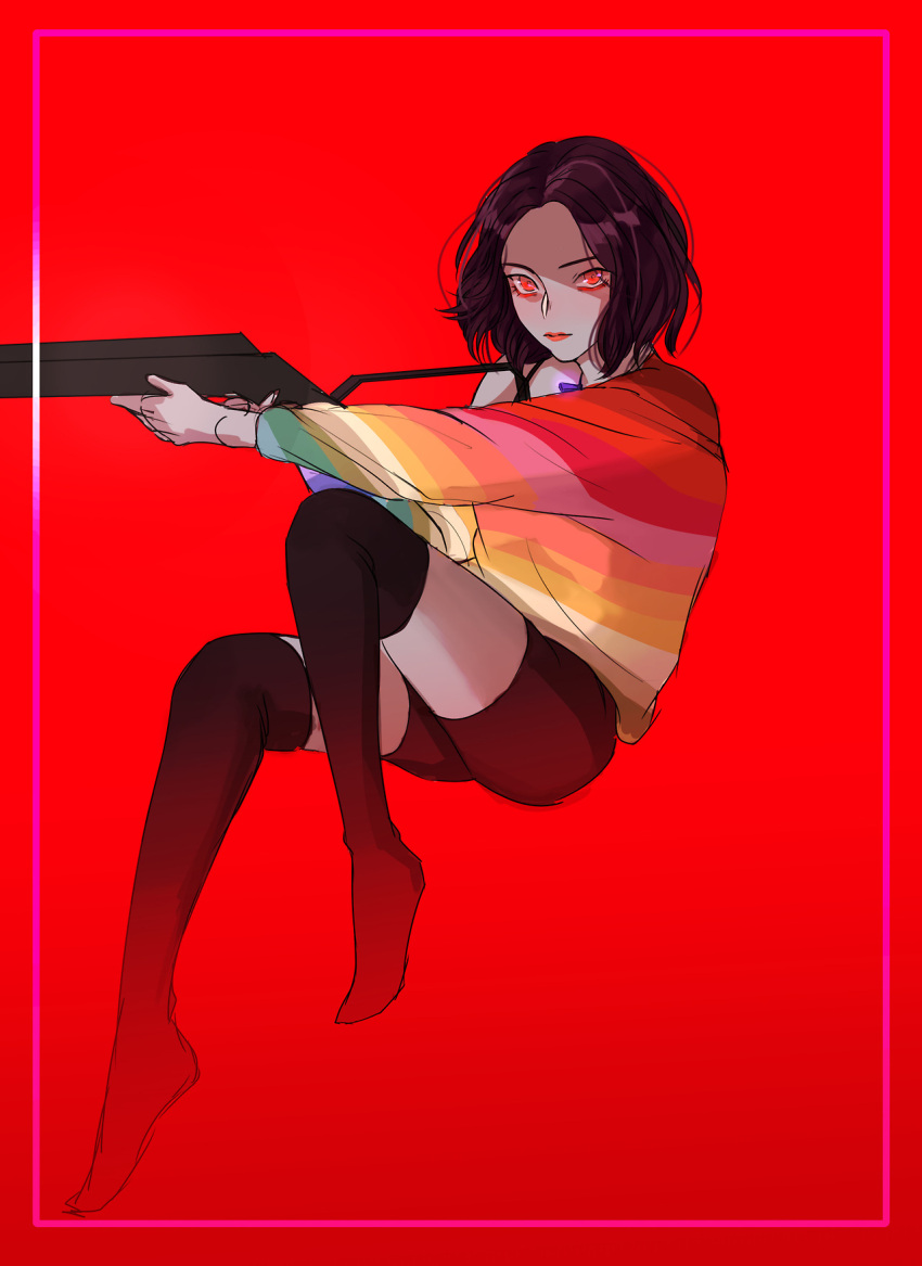 1girl 254-nm animification black_hair black_shorts black_thighhighs commentary_request gun highres holding holding_gun holding_weapon invisible_chair k-pop korean_commentary looking_at_viewer multicolored_shirt real_life red_background red_eyes red_lips red_velvet_(group) short_hair shorts simple_background sitting solo thigh-highs weapon yeri_(red_velvet)