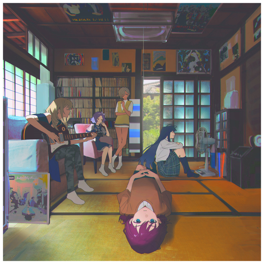 5girls absurdres ahoge album_cover_redraw awa_subaru black_dress black_hair black_shirt black_socks blue_eyes bookshelf border brown_hair brown_shirt brown_sweater_vest camouflage camouflage_pants chair chromatic_aberration closed_eyes closed_mouth commentary couch day derivative_work dress ebizuka_tomo electric_fan english_commentary girls_band_cry grey_hair grey_pants grey_skirt hair_between_eyes hairband highres indoors iseri_nina kawaragi_momoka kneehighs lamp light_brown_hair long_hair long_hair_between_eyes long_sleeves looking_at_viewer low_twintails lying multiple_girls no_shoes oasis_(band) on_back open_mouth own_hands_together pants plaid_clothes plaid_skirt playing_guitar pleated_skirt rupa_(girls_band_cry) school_uniform see-through see-through_sleeves shirt short_hair short_sleeves short_twintails sidelocks single_off_shoulder sitting skirt socks standing sunlight sweater_vest tatami the_beatles togenashi_togeari twintails white_border white_hairband white_shirt white_socks yarr