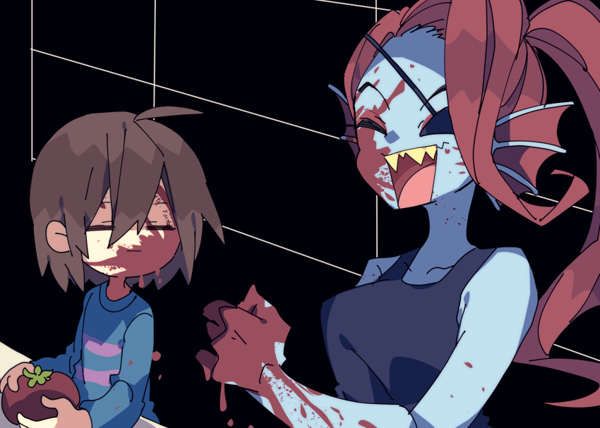 1girl 1other ahoge asymmetrical_bangs bare_arms black_background black_tank_top blue_shirt blue_skin breasts brown_hair child clenched_hand closed_eyes closed_mouth collarbone colored_skin facing_another fins fish_girl food frisk_(undertale) hair_between_eyes head_fins highres holding holding_food juice long_sleeves medium_hair nikorashi-ka open_mouth ponytail purple_shirt redhead sharp_teeth shirt short_hair smile striped_clothes striped_shirt tank_top teeth tomato tomato_juice undertale undyne upper_body upper_teeth_only yellow_teeth