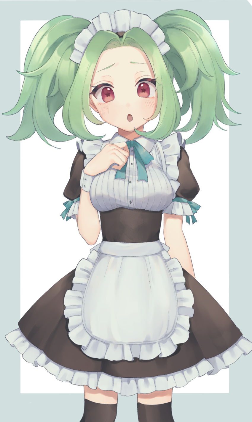 1girl :o alternate_costume apron bad_id bad_twitter_id blue_ribbon brown_dress cowboy_shot dress enmaided frilled_apron frilled_dress frilled_sleeves frills green_hair hand_up highres kiratto_pri_chan long_hair looking_at_viewer maid maid_headdress neck_ribbon open_mouth parted_bangs pretty_series puffy_short_sleeves puffy_sleeves rabbily_(kiratto_pri_chan) red_eyes ribbon shiyurinpu short_sleeves solo standing star-shaped_pupils star_(symbol) symbol-shaped_pupils twintails waist_apron white_apron wrist_cuffs