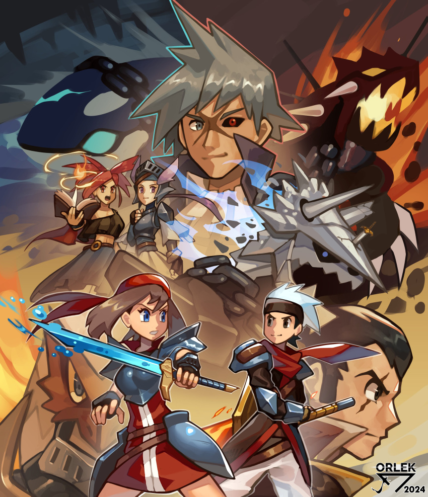 3boys 3girls absurdres aggron armor artist_name bandana black_gloves black_sclera blaziken blue_eyes book breastplate brendan_(pokemon) brown_hair chain clenched_teeth closed_mouth colored_sclera commentary cross_scar dress fingerless_gloves fire fire_emblem flannery_(pokemon) gloves grey_hair groudon heterochromia highres holding holding_book holding_sword holding_weapon kyogre may_(pokemon) multiple_boys multiple_girls norman_(pokemon) orlek pokemon pokemon_rse red_bandana red_dress red_eyes scar scar_on_face short_hair shoulder_armor smile spiky_hair steven_stone sword teeth weapon winona_(pokemon)