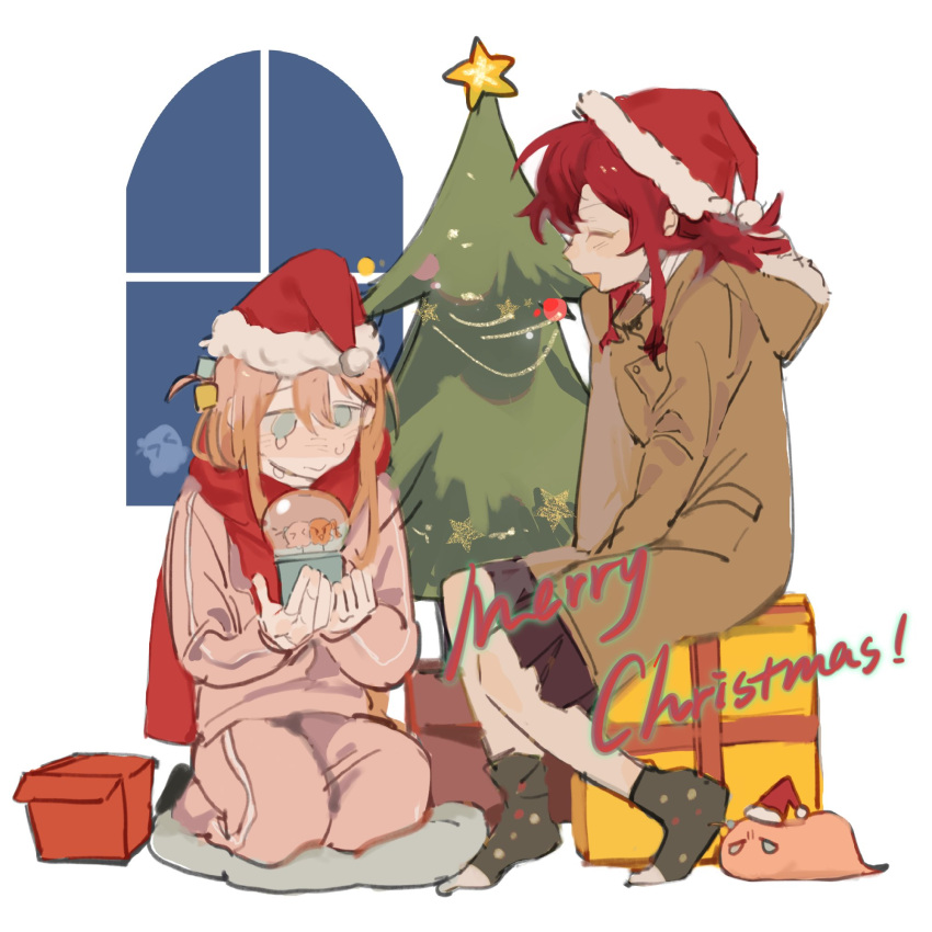 2girls black_skirt blue_eyes blush bocchi_the_rock! box brown_coat chinese_commentary christmas christmas_tree closed_eyes coat commentary_request crying cube_hair_ornament fur-trimmed_headwear fur_trim gift gift_box gotoh_hitori gotoh_hitori_(octopus) gotoh_hitori_(tsuchinoko) hair_ornament hat highres indoors jacket kita_ikuyo lingyi long_sleeves merry_christmas multiple_girls open_mouth pants pink_jacket pink_pants pleated_skirt red_hat redhead santa_hat seiza sitting skirt smile star_(symbol) tears track_jacket window