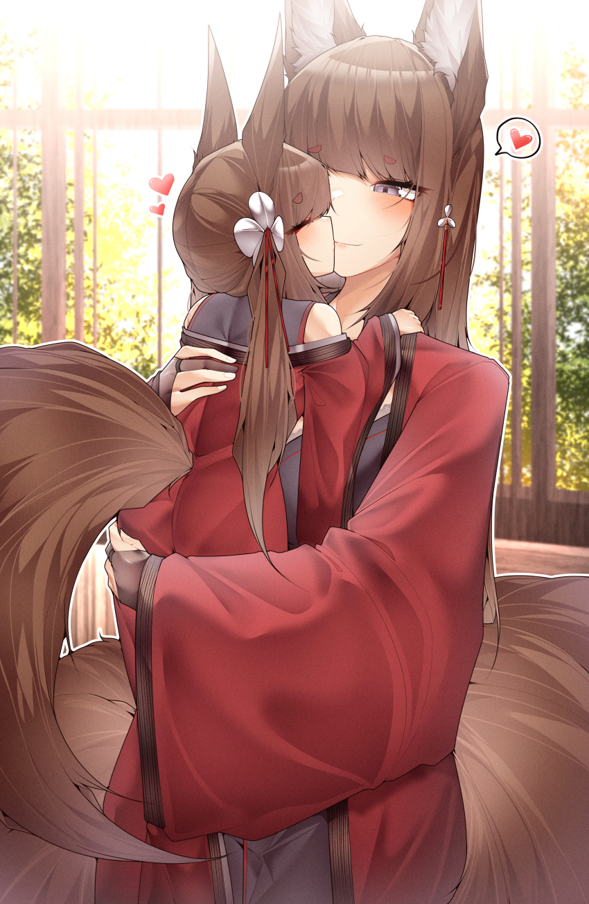 2girls absurdres amagi-chan_(azur_lane) amagi_(azur_lane) animal_ears azur_lane bare_shoulders blush brown_hair carrying carrying_person closed_eyes cowboy_shot cuddling day eyeshadow facing_another flower fox_ears fox_girl fox_tail full_body hair_between_eyes hair_flower hair_ornament hairpin half-closed_eyes hand_on_another's_back hand_on_another's_shoulder heart highres hug indoors japanese_clothes kimono kiss kitsune long_hair long_sleeves looking_at_another makeup multiple_girls multiple_tails off_shoulder red_eyeshadow red_kimono samip slit_pupils smile spoken_heart tail twintails very_long_hair violet_eyes white_flower wide_sleeves