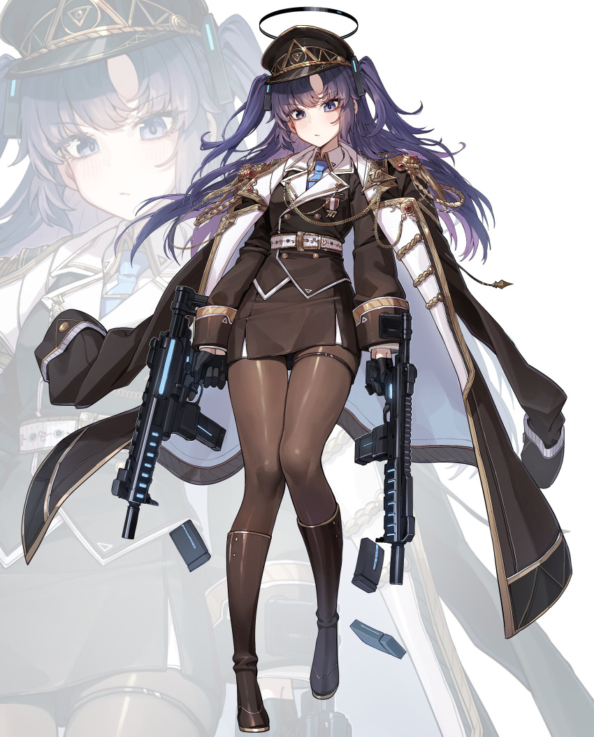 1girl absurdres alternate_costume belt black_coat black_footwear black_gloves black_skirt blue_archive blue_necktie boots coat coat_on_shoulders collared_shirt commentary_request dual_wielding epaulettes full_body gloves gun halo hat highres holding holding_gun holding_weapon knee_boots kokukyukeo long_hair long_sleeves looking_at_viewer magazine_(weapon) military_uniform necktie open_clothes open_coat parted_bangs peaked_cap pencil_skirt purple_hair shirt sidelocks sig_mpx simple_background skirt solo standing submachine_gun triangle_hair_ornament twintails two_side_up uniform violet_eyes weapon yuuka_(blue_archive) zoom_layer