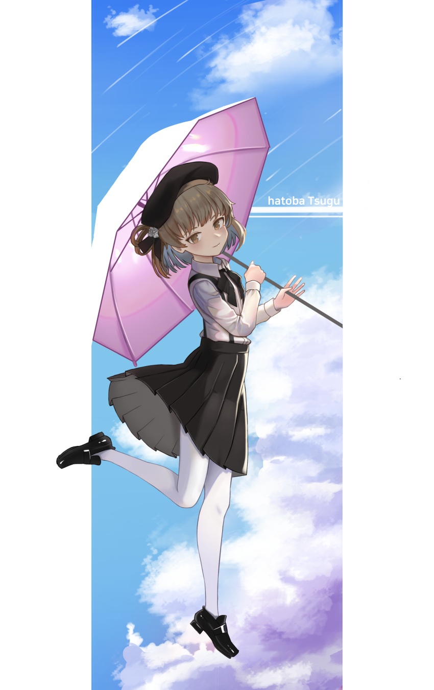 1girl absurdres beret black_headwear black_ribbon black_skirt blue_sky brown_eyes brown_hair character_name closed_mouth clouds cloudy_sky collared_shirt colored_inner_hair commentary day dress_shirt flower from_side grey_hair hair_rings hat hat_flower hat_ribbon hatoba_tsugu highres holding holding_umbrella hwangjinten loafers long_sleeves looking_to_the_side multicolored_hair neck_ribbon outside_border pantyhose pillarboxed pleated_skirt ribbon shirt shirt_tucked_in shoes shooting_star skirt sky smile solo standing standing_on_one_leg suspender_skirt suspenders symbol-only_commentary tsugu_(vtuber) umbrella umbrella_over_shoulder virtual_youtuber white_flower white_pantyhose white_shirt