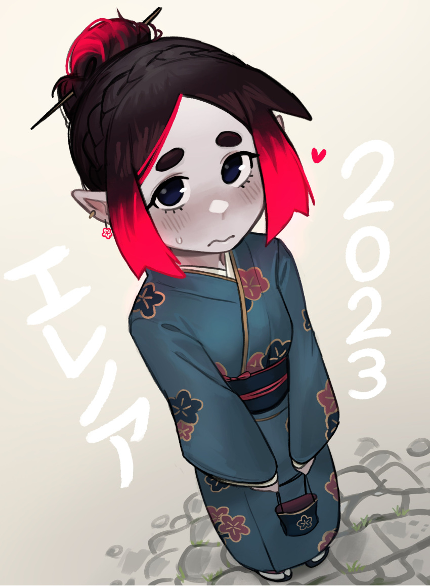 1girl 2023 absurdres bag black_hair blue_kimono blush colored_skin commentary eleanor_(justadrian) floral_print floral_print_kimono hair_bun handbag highres japanese_clothes justadrian_(yoadriandk) kimono looking_up multicolored_hair new_year original pointy_ears redhead sandals short_hair thick_eyebrows two-tone_hair vampire
