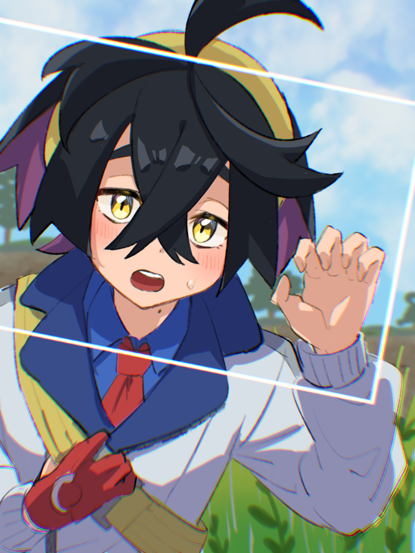 1boy 82hanico black_hair blue_skirt blush clouds collared_shirt crossed_bangs day gloves grass hair_between_eyes hairband highres jacket kieran_(pokemon) long_sleeves looking_at_viewer male_focus mole mole_on_neck multicolored_hair necktie open_mouth outdoors pokemon pokemon_sv purple_hair red_gloves shirt single_glove skirt sky solo sweat tree upper_body viewfinder white_jacket yellow_eyes