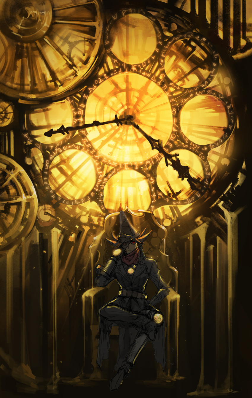 1boy :| analog_clock armchair backlighting black_coat black_footwear black_hat black_pants brown_hair chair clock closed_mouth coat duel_monster elbow_rest expressionless figure_four_sitting fishfall full_body gears hair_between_eyes hat head_rest highres jitome light_particles long_sleeves looking_at_viewer male_focus pants red_eyes red_scarf runes sand scarf short_hair sitting sketch solo spiky_hair straight-on timegazer_magician too_many_clocks wizard_hat yellow_gemstone yellow_light yu-gi-oh!