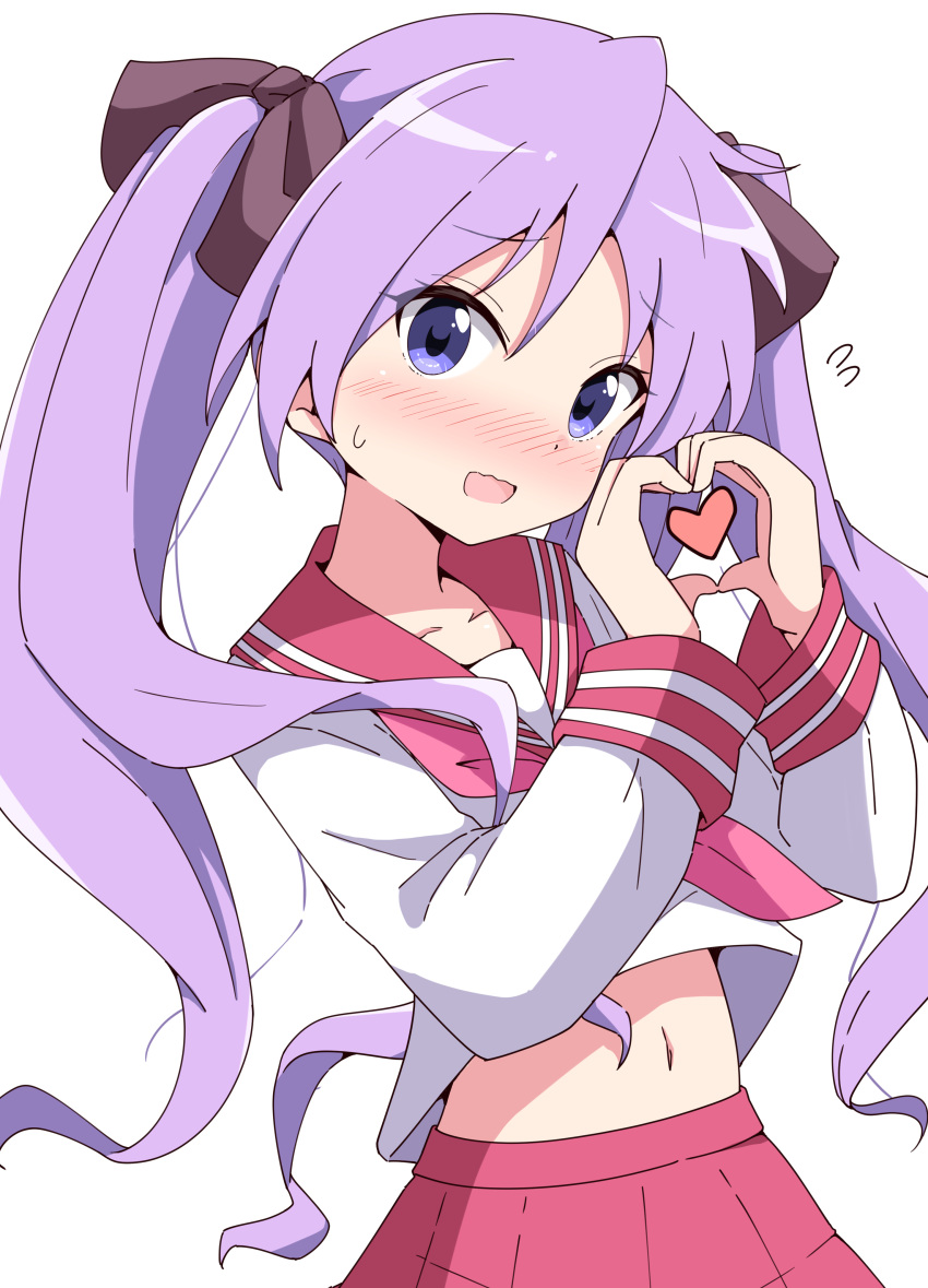 1girl :d absurdres aikawa_ryou blush bow brown_bow collarbone commentary_request flying_sweatdrops hair_bow hands_up heart heart_hands highres hiiragi_kagami long_hair long_sleeves looking_at_viewer lucky_star navel nose_blush pleated_skirt purple_hair red_sailor_collar red_skirt sailor_collar school_uniform serafuku shirt simple_background skirt small_sweatdrop smile solo sweat twintails very_long_hair violet_eyes wavy_mouth white_background white_shirt