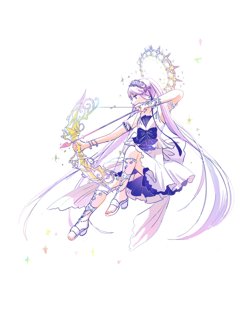 1girl armlet arrow_(projectile) artist_request black_bow bow bow_(weapon) dress dress_bow euryale_(fate) fate/grand_order fate_(series) hairband halo headdress highres holding holding_arrow holding_bow_(weapon) holding_weapon lolita_hairband long_hair petite purple_hair ribbon-trimmed_hairband sidelocks simple_background sleeveless solo sparkle twintails very_long_hair violet_eyes weapon white_background white_bow white_dress white_footwear