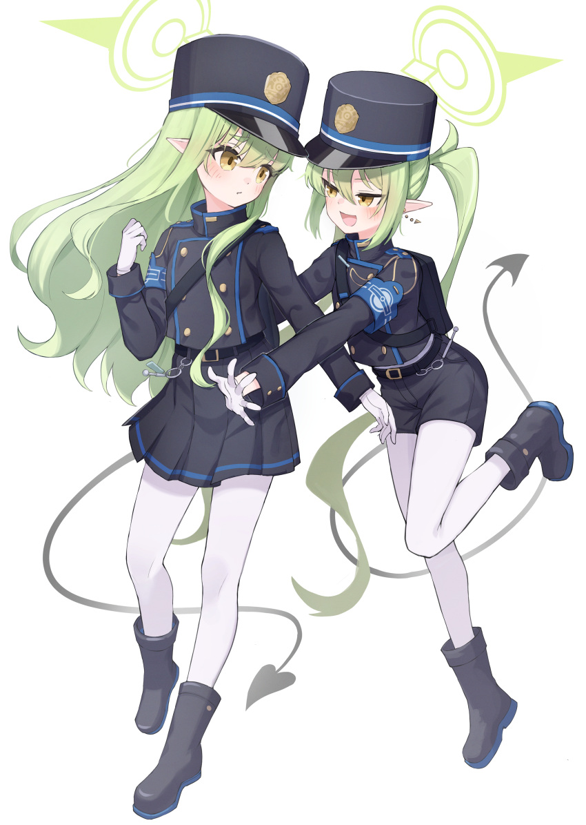 2girls absurdres armband black_footwear black_hat black_shirt black_shorts black_skirt blue_archive blue_armband blush boots buttons demon_tail double-breasted earrings foot_up full_body gloves green_hair green_halo hair_between_eyes halo hand_up hat highres hikari_(blue_archive) imminent_hug jewelry long_hair long_sleeves looking_at_another looking_back matsuhisa_(ryo-tsuda1) multiple_girls nozomi_(blue_archive) open_mouth outstretched_arms pantyhose peaked_cap pleated_skirt pointy_ears running shirt shorts siblings sidelocks sisters skirt smile standing tail twintails very_long_hair white_gloves white_pantyhose yellow_eyes