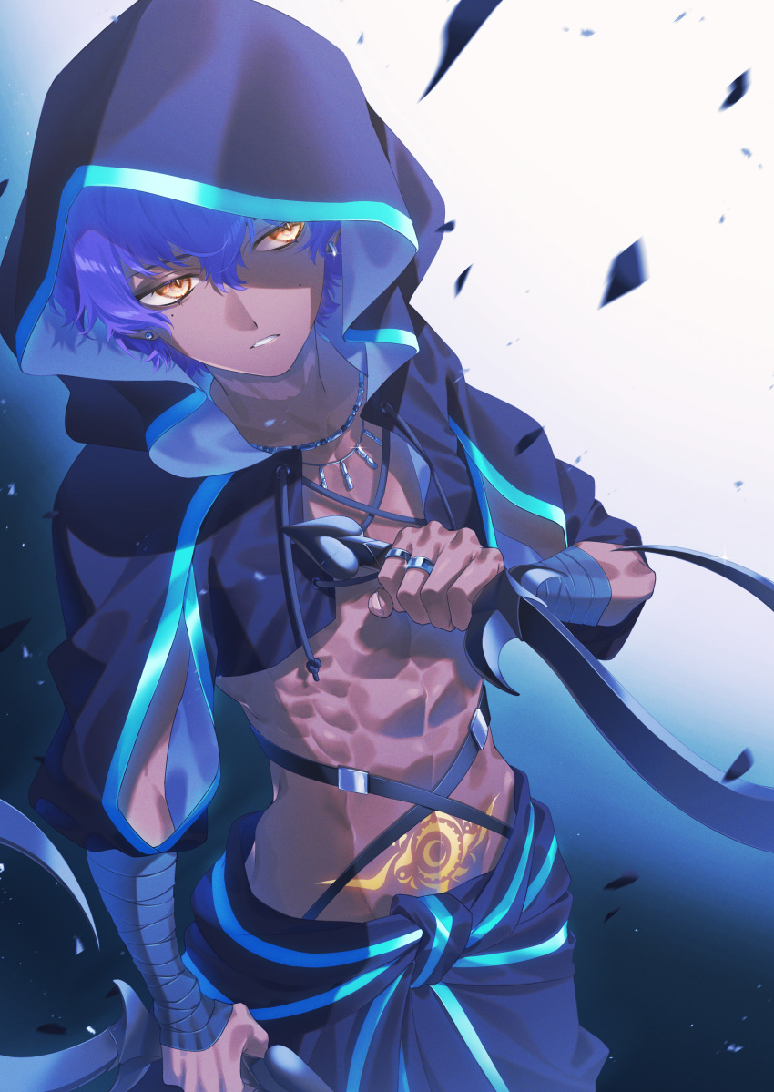 1boy abs absurdres bandaged_arm bandages black_jacket blue_hair cowboy_shot dark-skinned_male dark_skin dual_wielding earrings fate/grand_order fate_(series) hair_between_eyes hassan_of_the_shining_star_(fate) highres holding hood itsuma_su jacket jewelry long_sleeves looking_at_viewer male_focus mask mole mole_under_eye multiple_rings necklace open_clothes open_jacket parted_lips pectoral_cleavage pectorals pubic_tattoo purple_hair ring short_hair sickle solo tattoo toned toned_male topless_male violet_eyes yellow_eyes