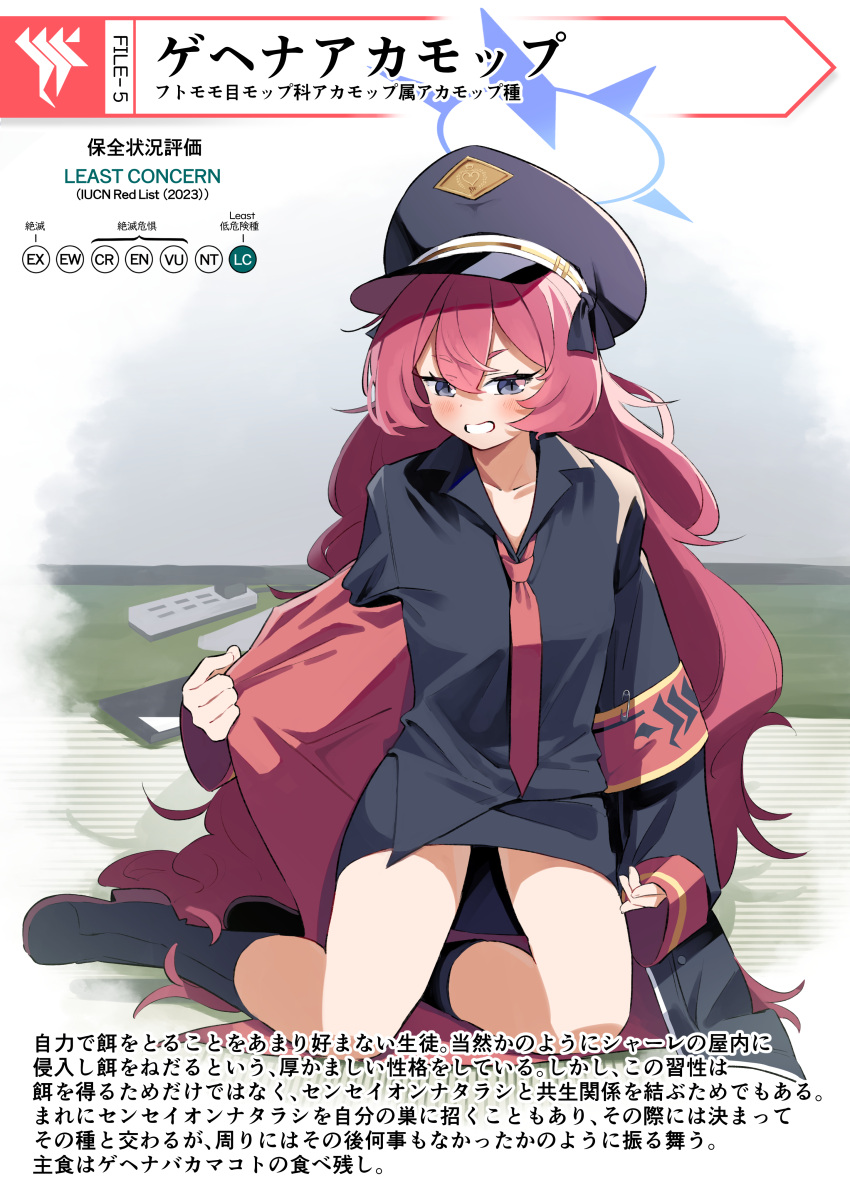 1girl absurdres armband black_shirt black_skirt blue_archive blue_eyes blue_halo blush boots collarbone collared_shirt halo hat highres iroha_(blue_archive) iucn_red_list long_hair long_sleeves looking_at_viewer necktie peaked_cap red_armband red_necktie redhead shirt short_eyebrows sitting skirt sleeves_past_wrists solo symbol-shaped_pupils undressing very_long_hair yuki_hishaku