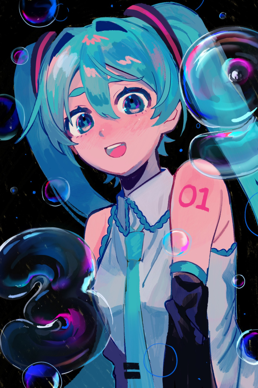 1girl 39 :d bare_shoulders black_sleeves blue_eyes blue_hair blue_necktie blush breasts bubble collared_shirt detached_sleeves frilled_shirt frills hair_between_eyes hair_intakes hair_ornament hatsune_miku highres inu_dakisime long_hair long_sleeves necktie number_tattoo open_mouth shirt sidelocks sleeveless sleeveless_shirt small_breasts smile solo tattoo tie_clip twintails upper_body vocaloid white_shirt