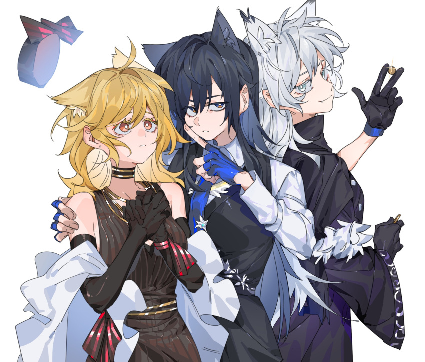 3girls animal_ears arknights black_choker black_dress black_eyes black_gloves black_hair black_vest blonde_hair blue_eyes blue_gloves blue_necktie bright_pupils chinese_commentary choker collared_shirt commentary_request dress elbow_gloves fingerless_gloves gloves hand_on_another's_shoulder highres index_finger_raised lappland_(arknights) lappland_(refined_horrormare)_(arknights) molu_stranger multiple_girls necktie orange_eyes own_hands_together parted_lips shirt simple_background sleeveless sleeveless_dress sora_(arknights) texas_(arknights) vest white_background white_hair white_pupils white_shirt wolf_ears