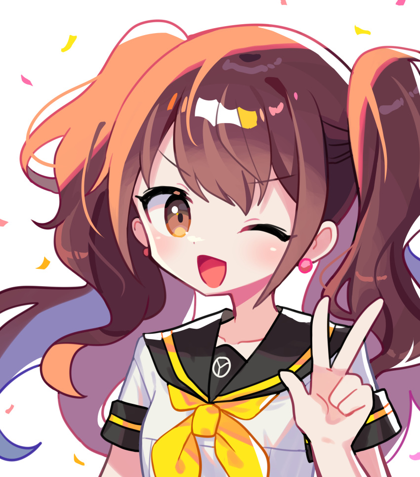 1girl ;d absurdres black_sailor_collar brown_eyes brown_hair confetti earrings highres jewelry kujikawa_rise long_hair looking_at_viewer neckerchief offbeat one_eye_closed open_mouth persona persona_4 sailor_collar school_uniform shirt short_sleeves smile solo sphere_earrings twintails upper_body w white_background white_shirt yasogami_school_uniform yellow_neckerchief