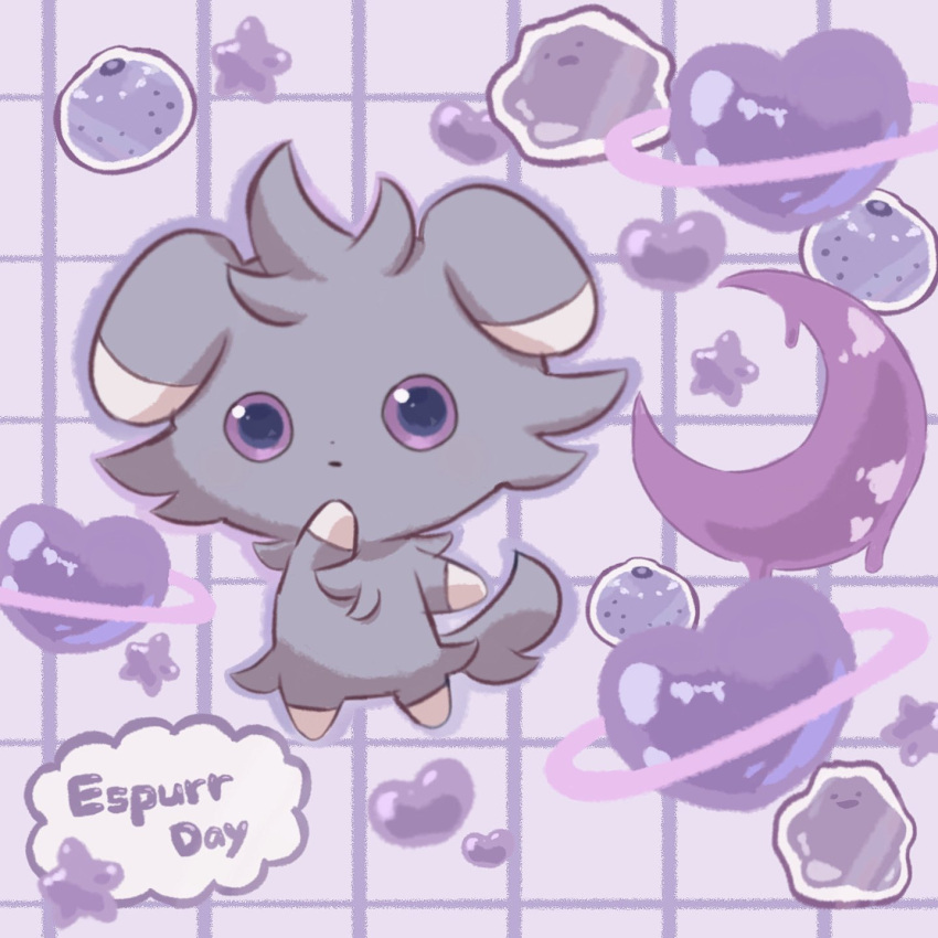 animal_focus berry_(pokemon) character_name closed_mouth commentary_request crescent ditto english_text espurr grey_fur grid_background heart highres no_humans pokemon pokemon_(creature) purple_background purple_theme simple_background star_(symbol) suimin_ap_(aroniumu) tail violet_eyes