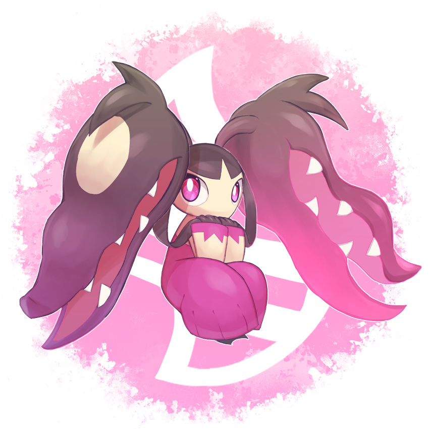 1girl absurdres black_hair black_skin blunt_bangs border bright_pupils colored_skin commentary_request covering_own_mouth enden_(pixiv_57969220) extra_mouth hands_up highres legs_together long_hair looking_at_viewer mawile mega_evolution_symbol mega_mawile mega_pokemon multicolored_skin outline own_hands_together pink_background playing_with_own_hair pokemon pokemon_(creature) purple_skin round_image sharp_teeth solo teeth very_long_hair violet_eyes white_border white_outline white_pupils yellow_skin
