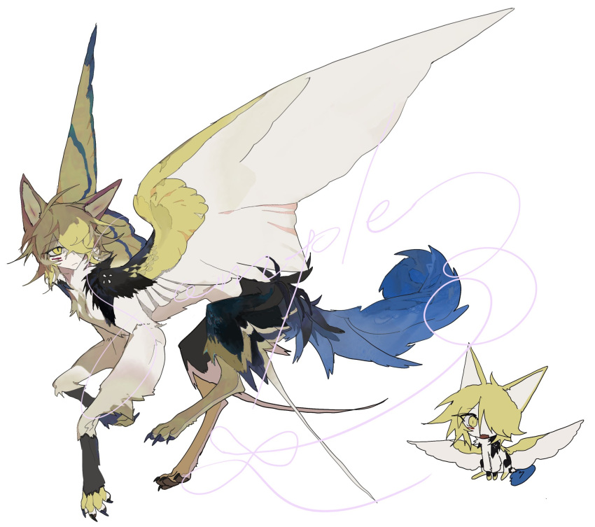 animal_ears animal_feet blonde_hair blue_feathers blue_tail blue_wings chibi chibi_inset creature feathered_wings feathers highres kamikiririp original solo sphinx white_background wings yellow_eyes yellow_feathers yellow_wings
