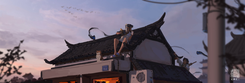 2girls air_conditioner architecture bird black_hair bun_cover cat climbing clouds cup double_bun drinking drinking_straw drinking_straw_in_mouth east_asian_architecture food hair_bun highres holding holding_cup holding_food kan_liu_(666k) multiple_girls on_roof original outdoors pointy_ears robe seal_impression short_hair sidelocks signature sitting sitting_on_roof sky slippers sword sword_on_back tree utility_pole weapon weapon_on_back white_robe