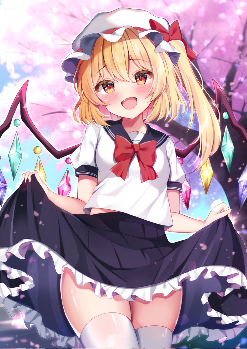 1girl :d alternate_costume black_sailor_collar black_skirt blonde_hair blush bow cherry_blossoms colored_eyelashes commentary_request corrupted_twitter_file cowboy_shot crystal day falling_petals fang flandre_scarlet frilled_skirt frills hair_between_eyes happy hat hat_bow highres long_hair looking_at_viewer mob_cap open_mouth outdoors petals pleated_skirt puffy_short_sleeves puffy_sleeves red_bow red_eyes sailor_collar school_uniform serafuku shiny_skin shirotsuki_shirone shirt short_sleeves side_ponytail skin_fang skirt skirt_hold smile solo spring_(season) thigh-highs thighs touhou tree tsurime white_hat white_shirt white_thighhighs wings zettai_ryouiki