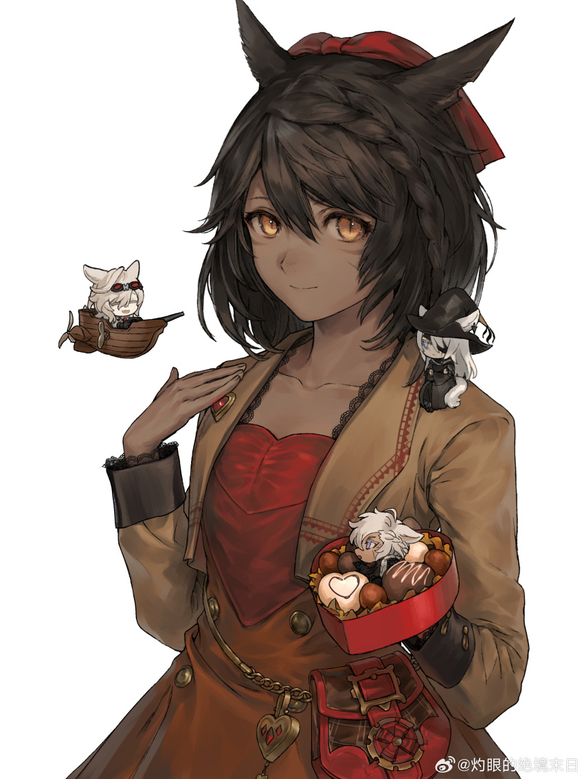 1girl 3boys absurdres aircraft airplane animal_ears black_hat blonde_hair bow box box_of_chocolates braid brown_hair brown_jacket bushi_shui_zi_ba candy cat_boy cat_ears cat_tail chibi chocolate collarbone cowboy_shot cropped_jacket dress facial_mark final_fantasy final_fantasy_xiv flying_boat food goggles goggles_on_head hair_bow hand_on_own_shoulder hat heart heart-shaped_chocolate highres holding holding_box in_box in_container jacket lace-trimmed_jacket lace-trimmed_sleeves lace_trim long_sleeves looking_at_viewer mini_person miniboy miqo'te multiple_boys orange_dress person_on_shoulder pouch short_hair side_braid simple_background single_braid sitting_on_shoulder slit_pupils smile solo_focus tail warrior_of_light_(ff14) weibo_logo weibo_watermark white_background white_hair witch_hat yellow_eyes