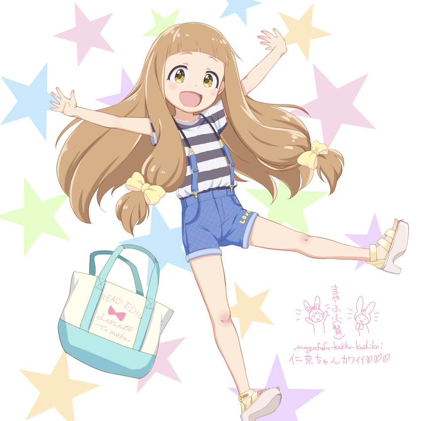 1girl :d absurdres blue_shorts blush bow brown_hair hair_bow highres ichihara_nina idolmaster idolmaster_cinderella_girls long_hair looking_at_viewer mayafufu open_mouth outstretched_arms sandals shirt short_sleeves shorts smile solo standing standing_on_one_leg star_(symbol) starry_background striped_clothes striped_shirt suspenders white_background white_shirt yellow_bow yellow_eyes