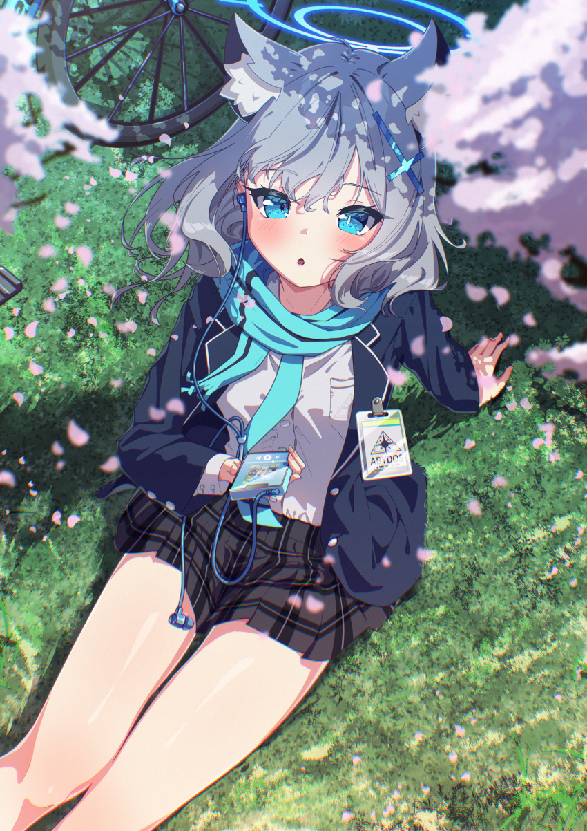 1girl :&lt; absurdres animal_ear_fluff animal_ears aqua_scarf arm_support bare_legs bicycle black_skirt blue_archive blue_jacket blush buttons cherry_blossoms commentary cross_hair_ornament earphones earphones falling_petals from_above grass grey_hair hair_ornament halo highres jacket looking_at_viewer marimo_daifuku medium_hair mismatched_pupils name_tag on_grass open_clothes open_jacket open_mouth petals plaid plaid_skirt pleated_skirt scarf shiroko_(blue_archive) shirt sitting skirt solo thigh_gap thighs walkman white_shirt wolf_ears