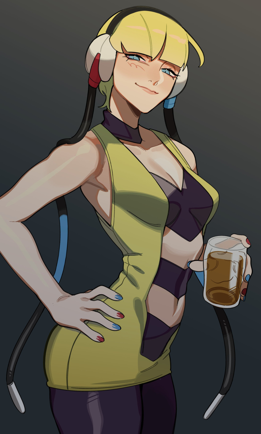 absurdres alcohol bare_arms beer beer_glass black_pantyhose blonde_hair blue_eyes blue_nails breasts closed_mouth clothing_cutout cowboy_shot cup dark_background dress elesa_(pokemon) hand_on_own_hip headphones highres holding holding_cup looking_at_viewer multicolored_nails pantyhose pokemon pokemon_bw2 porqueloin red_nails short_dress simple_background small_breasts smile stomach_cutout