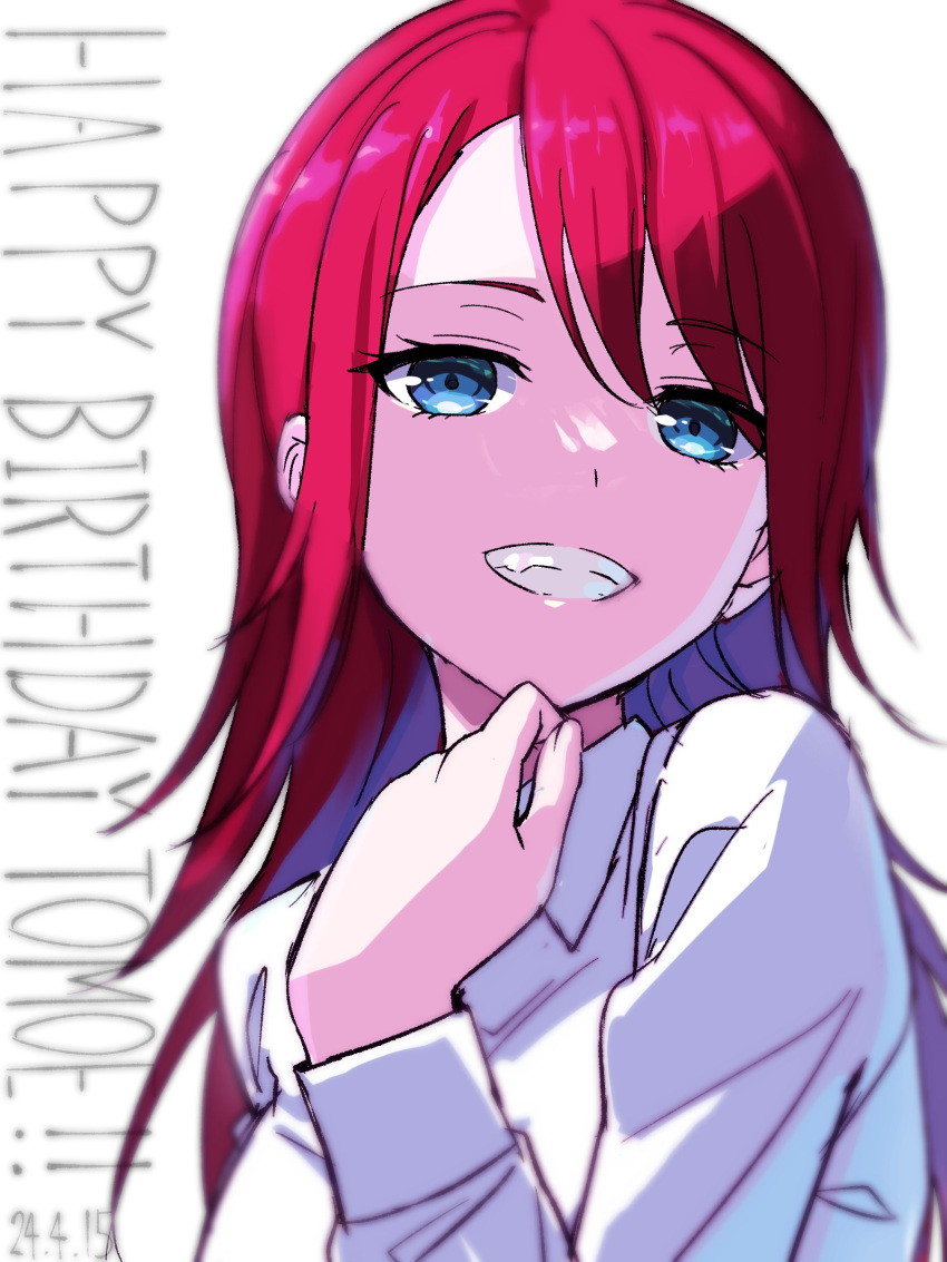 1girl absurdres bang_dream! blue_eyes blue_hair clenched_teeth collared_shirt commentary dated dress_shirt english_commentary happy_birthday highres long_hair long_sleeves looking_at_viewer mixed-language_commentary nobusawa_osamu redhead shirt sidelocks solo teeth udagawa_tomoe upper_body white_background white_shirt