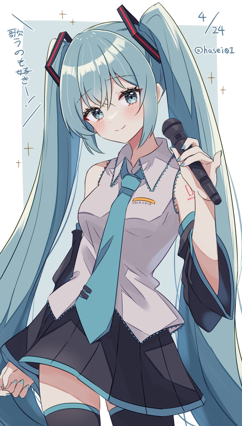 1girl absurdres arm_at_side bare_shoulders black_skirt black_sleeves black_thighhighs blue_eyes blue_hair blue_nails blue_necktie blush closed_mouth collared_shirt cowboy_shot dated detached_sleeves hair_between_eyes hasei_(hasei01) hatsune_miku head_tilt highres holding holding_microphone long_hair long_sleeves looking_at_viewer microphone miniskirt nail_polish necktie number_tattoo pleated_skirt shirt sidelocks skirt sleeveless sleeveless_shirt smile solo tattoo thigh-highs tie_clip translation_request twintails twitter_username very_long_hair vocaloid white_shirt zettai_ryouiki