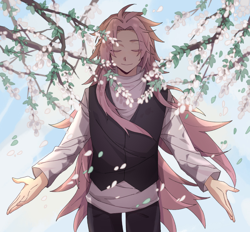 1boy black_pants black_vest blue_sky chinese_commentary closed_eyes closed_mouth colored_eyelashes commentary_request cowboy_shot facing_viewer falling_petals hatsutori_hajime highres long_hair long_sleeves male_focus pants parted_bangs petals pink_hair qiuqiulovemiao saibou_shinkyoku shirt sky smile solo vest white_shirt