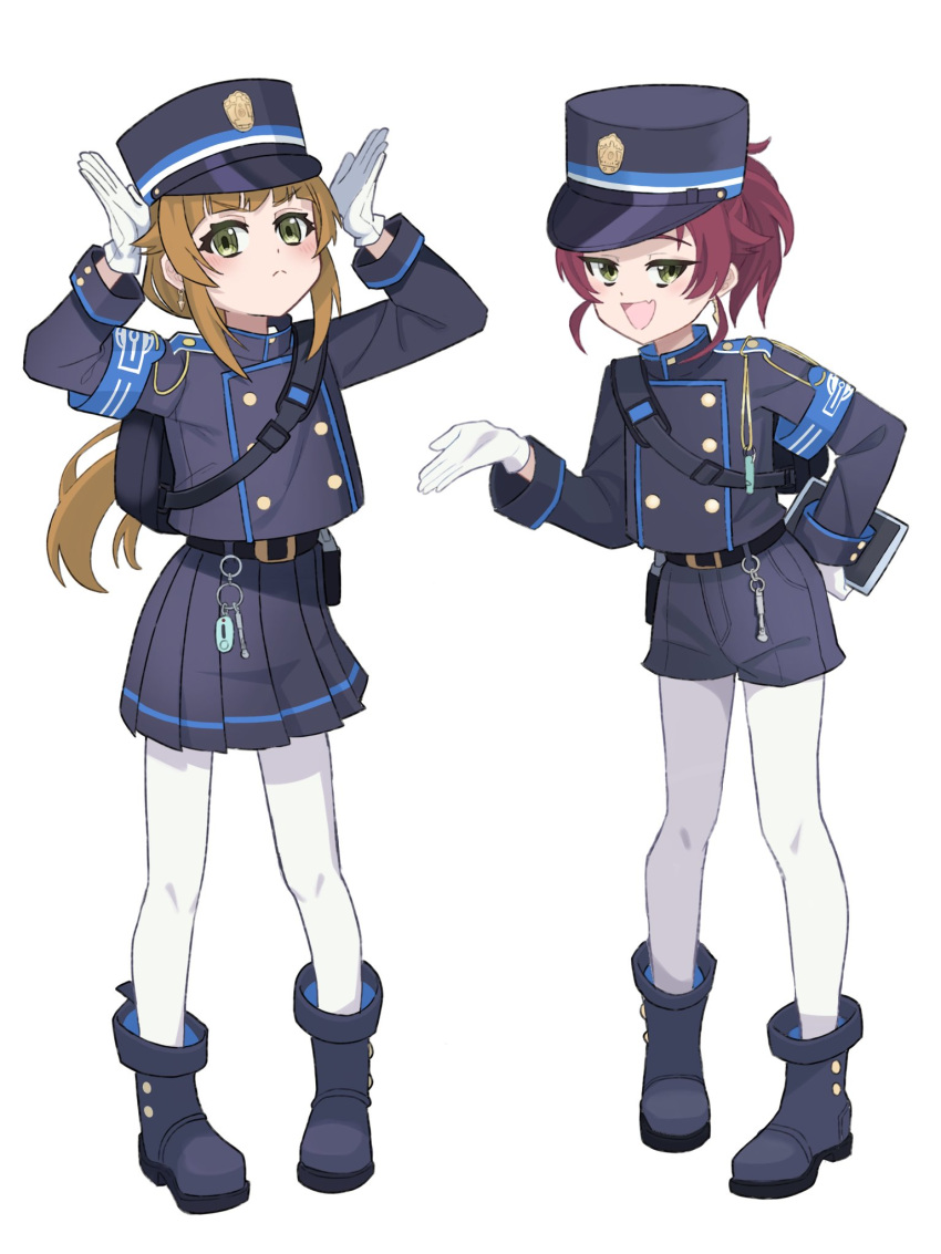 2girls :&lt; :d aisha_greyrat alternate_costume armband arms_up black_footwear black_hat black_jacket black_shorts black_skirt blue_archive blue_armband boots brown_hair buttons commentary cosplay double-breasted english_commentary fang full_body gloves green_eyes hat highres hikari_(blue_archive) hikari_(blue_archive)_(cosplay) jacket lexile long_hair long_sleeves looking_at_viewer multiple_girls mushoku_tensei norn_greyrat nozomi_(blue_archive) nozomi_(blue_archive)_(cosplay) pantyhose peaked_cap pleated_skirt redhead shorts sidelocks simple_background skin_fang skirt smile v-shaped_eyebrows white_background white_gloves white_pantyhose