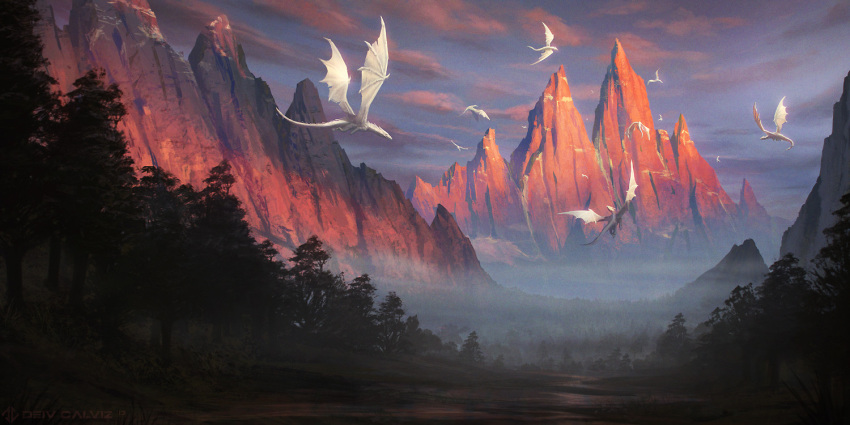 artist_name blue_sky clouds commentary deiv_calviz dragon english_commentary fantasy flock flying fog landscape mountain no_humans original outdoors scenery sky tree watermark wings