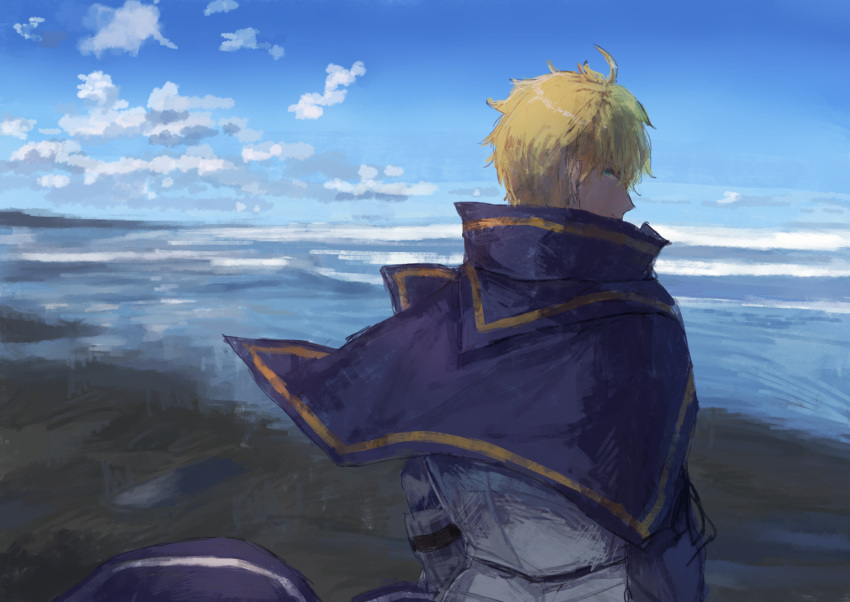 1boy armor arthur_pendragon_(fate) blonde_hair blue_cape cape closed_mouth clouds ebi_(6_5) fate/grand_order fate_(series) from_behind green_eyes looking_at_viewer male_focus ocean painting_(medium) shore short_hair sky solo traditional_media upper_body water
