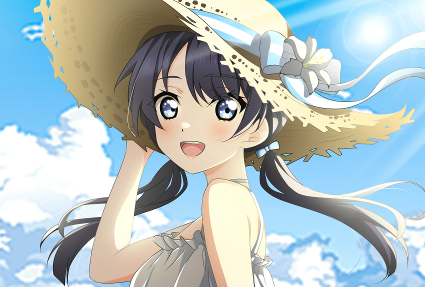 1girl :d absurdres bare_shoulders blue_eyes blue_hair blue_ribbon blue_sky blurry blurry_background brown_hat clouds commentary dark_blue_hair dress facing_to_the_side flower frilled_dress frills from_side hair_ribbon hat hat_ribbon highres kujo_awenn light_blush lily_(flower) link!_like!_love_live! long_hair looking_at_viewer love_live! low_twintails murano_sayaka open_mouth ribbon sky sleeveless sleeveless_dress smile solo straw_hat striped_ribbon sundress teeth twintails upper_body upper_teeth_only virtual_youtuber white_dress white_flower white_ribbon