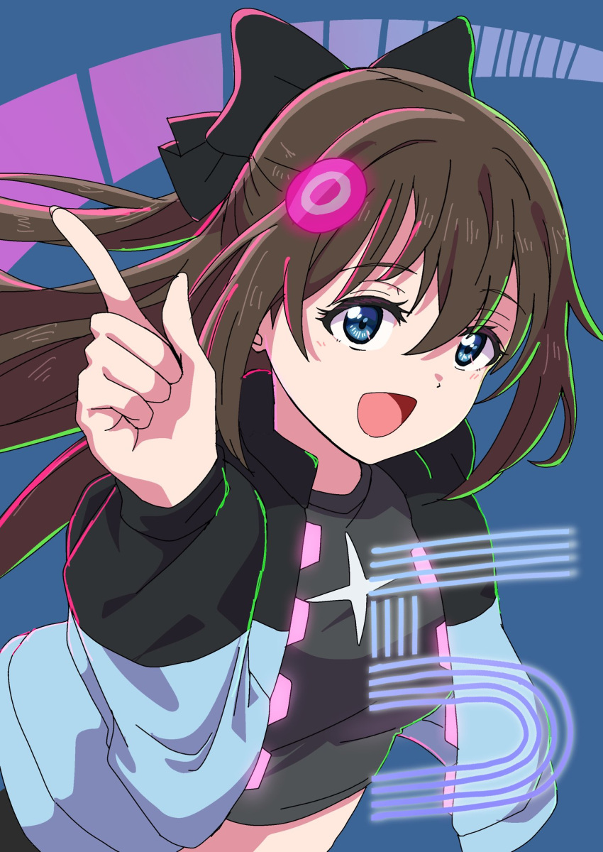 1girl black_bow black_shirt blue_eyes bow brown_hair go_our_way! hair_bow half_updo highres index_finger_raised jacket long_hair long_sleeves looking_at_viewer love_live! love_live!_nijigasaki_high_school_idol_club midriff numbered open_clothes open_jacket open_mouth osaka_shizuku shirt sidelocks solo taiyakippassion upper_body