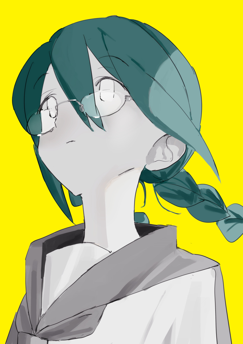 1girl absurdres blue_hair braid closed_mouth commentary_request expressionless floating_hair from_below glasses hair_between_eyes highres limited_palette long_hair looking_ahead low_twin_braids neckerchief omoei school_uniform serafuku sidelighting simple_background solo strobe_light_(vocaloid) twin_braids upper_body vocaloid white_eyes white_serafuku yellow_background