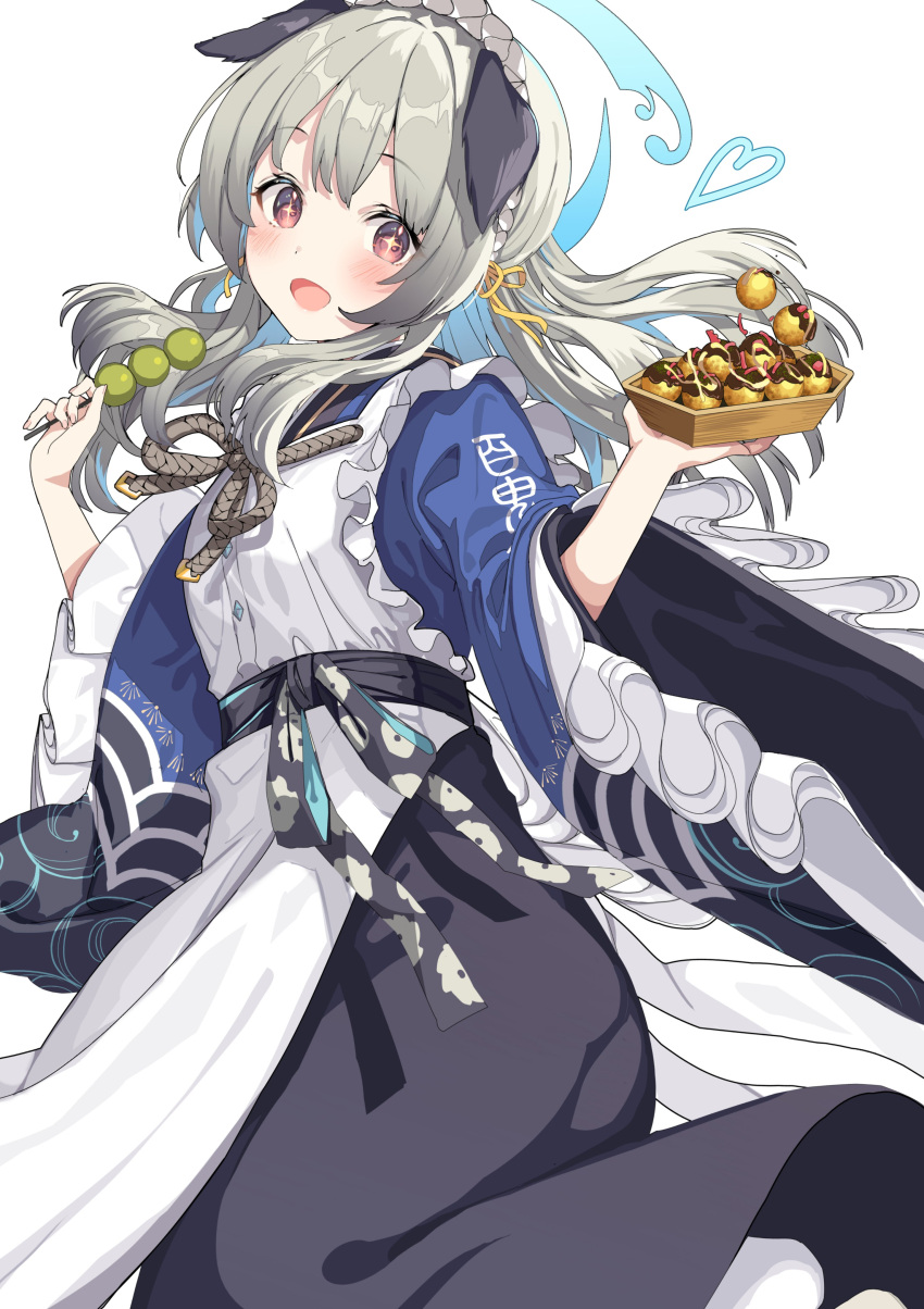 +_+ 1girl absurdres apron blue_archive blush breasts brown_hair dango dog food hair_ornament halo heart highres long_hair looking_at_viewer maid maid_headdress medium_breasts open_mouth shimofuri simple_background solo umika_(blue_archive) wa_maid wagashi white_apron white_background
