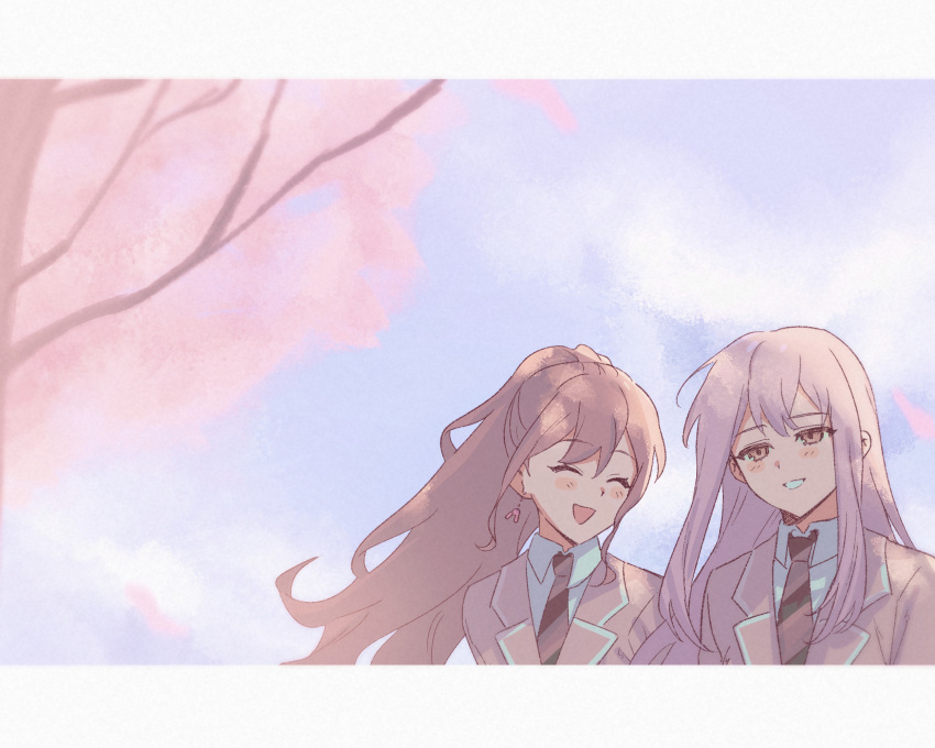 2girls bang_dream! black_necktie blue_sky brown_eyes brown_hair cherry_blossoms closed_eyes clouds collared_shirt earrings grey_hair grey_jacket haneoka_school_uniform highres imai_lisa jacket jewelry kimini_(kimini_0110) long_hair minato_yukina multiple_girls necktie open_mouth outdoors parted_lips ponytail school_uniform shirt sky smile tree upper_body white_shirt