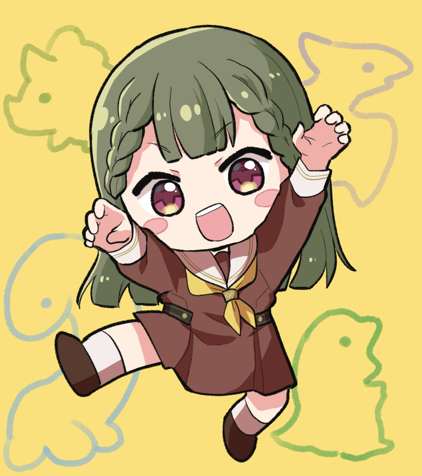 1girl :d arms_up blush_stickers braid brown_dress brown_footwear center-flap_bangs chibi chibi_only child's_drawing claw_pose commentary dinosaur dress full_body green_hair hasu_no_sora_school_uniform highres kachimachi_kosuzu leg_up link!_like!_love_live! long_hair long_sleeves looking_at_viewer love_live! massigura medium_dress neckerchief open_mouth pink_eyes pleated_dress rhinoceros sailor_collar sailor_dress school_uniform side_braids smile socks solo straight_hair teeth upper_teeth_only v-shaped_eyebrows virtual_youtuber white_sailor_collar white_socks winter_uniform yellow_background yellow_neckerchief