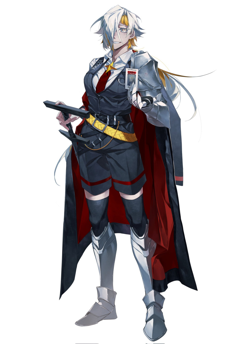 1girl alternate_universe armor belt black_belt black_coat black_shorts black_thighhighs black_vest blonde_hair coat collared_shirt commentary_request corrupted_twitter_file full_body gauntlets hair_intakes hair_over_one_eye highres id_card kromer_(project_moon) limbus_company long_hair looking_at_viewer multicolored_hair nail necktie one_eye_covered open_clothes open_coat oversized_object pauldrons project_moon red_necktie sabaton shirt shorts shoulder_armor shouzuo sidelocks simple_background single_gauntlet single_pauldron solo standing tachi-e thigh-highs two-tone_hair vest white_background white_hair white_shirt wing_collar yellow_belt yellow_eyes