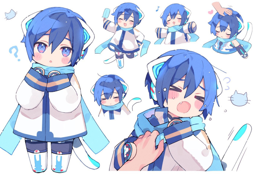 &gt;_&lt; 1boy :3 =_= ? animal_ear_headphones animal_ears blue_eyes blue_hair blue_scarf blush boots cat_ear_headphones cat_ears cat_tail chestnut_mouth chibi closed_eyes coat confused facial_mark fake_animal_ears food full_body hand_on_own_hip happy headphones kaito_(vocaloid) light_smile long_sleeves looking_at_viewer male_focus mogu_(wy5xrt7w) multiple_views music musical_note neko_cyber_(module) open_mouth outstretched_arms petting popsicle scarf simple_background singing smile spread_arms sweat tail turning_head upper_body vocaloid whisker_markings white_background white_coat