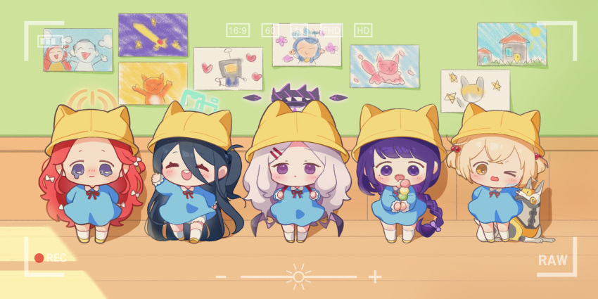 5girls aged_down aris_(blue_archive) black_hair blonde_hair blue_dress blue_halo bow braid braided_ponytail chibi classroom closed_eyes closed_mouth crossover dango dress food genshin_impact goddess_of_victory:_nikke grey_hair hair_bobbles hair_bow hair_ornament halo hat highres hina_(blue_archive) indoors kindergarten_uniform liter_(nikke) long_hair long_sleeves looking_at_viewer low_wings mole mole_under_eye multiple_crossover multiple_girls neck_ribbon no_nose non-humanoid_robot one_eye_closed open_mouth pink_halo purple_hair purple_halo raiden_shogun recording red_ribbon redhead ribbon robot robot_animal robot_dog sanshoku_dango school_hat socks teeth upper_teeth_only uz_(uzru0428) very_long_hair viewfinder violet_eyes volt_(nikke) wagashi white_bow white_socks wings wooden_floor yellow_eyes yellow_footwear yellow_halo yellow_hat yuzu_(blue_archive)