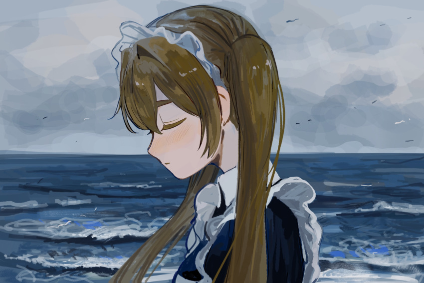 1girl apron black_shirt blonde_hair blush closed_eyes clouds cloudy_sky facing_down frilled_apron frills from_side hair_between_eyes highres horizon inu_dakisime long_hair long_sleeves maid maid_headdress ocean original parted_lips profile shirt sidelocks sky solo twintails water white_apron