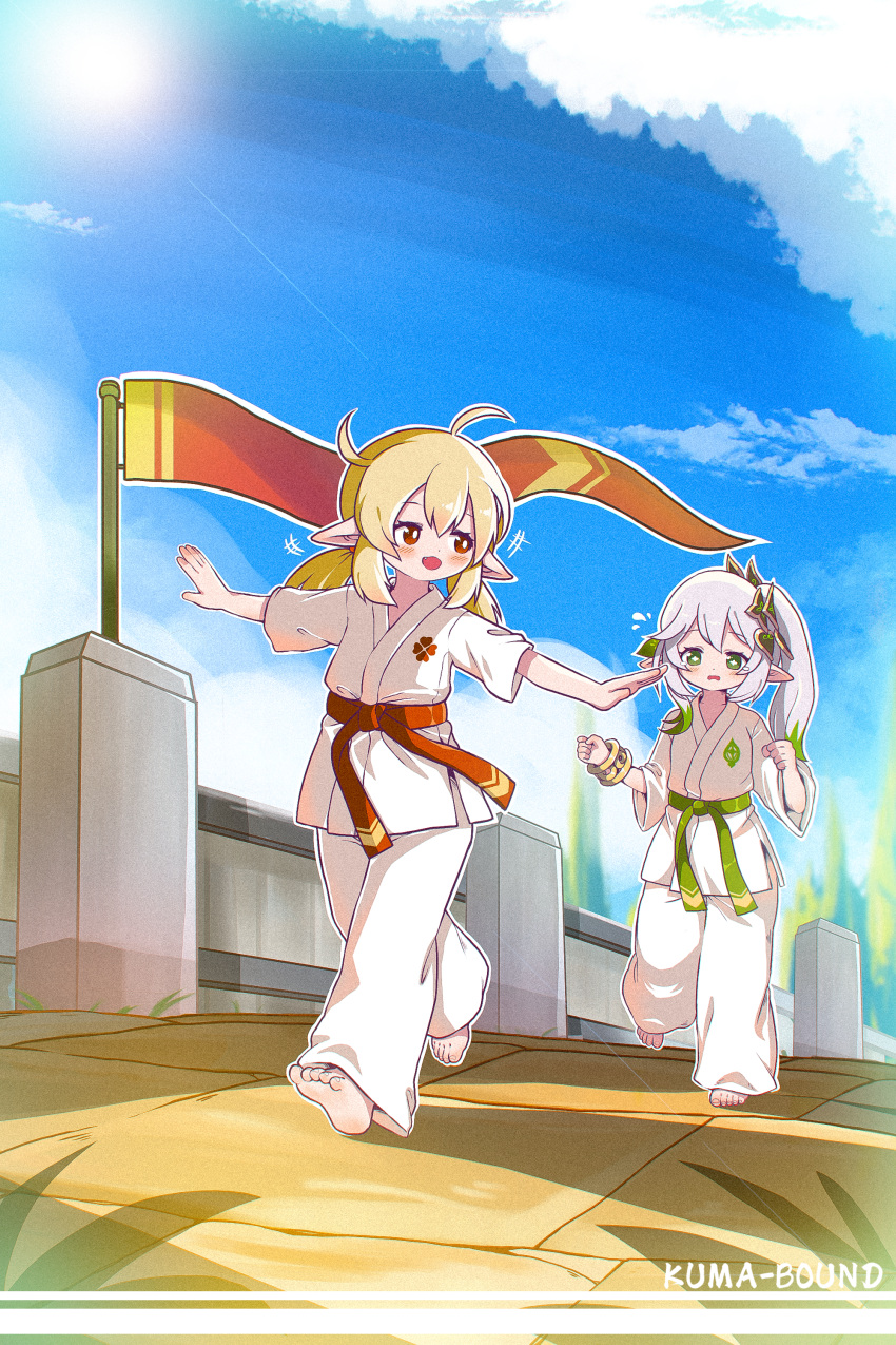 +++ 2girls absurdres ahoge artist_name barefoot belt blonde_hair blue_sky bracelet chinese_commentary clouds commentary_request dougi feet flag flying_sweatdrops full_body genshin_impact green_belt green_eyes highres jewelry klee_(genshin_impact) kuma-bound long_hair low_twintails martial_arts_belt multiple_girls nahida_(genshin_impact) open_mouth outdoors outstretched_arms pants pointy_ears red_belt red_eyes running sky smile soles sun sunlight toes twintails white_hair white_pants